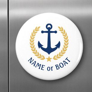 Name des Bootes Anchor Gold Style Laurel blau weiß Magnet