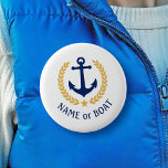 Name des Bootes Anchor Gold Style Laurel Star Navy Button<br><div class="desc">A Personalized button with your boat name,  family name or other desired text as needed. Featuring a custom designed nautical boat anchor,  gold style laurel leaves and star emblem on white or easily adjust the primary color to match your current theme. Makes hat Great Chance.</div>
