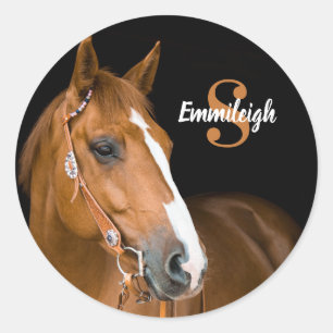 Name des braunen Quarters Horse Black Monogram Runder Aufkleber