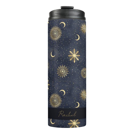 Name des Celestial Blue und Gold Monogram Thermosbecher (Vorderseite)