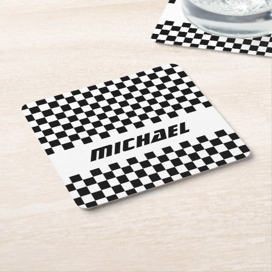 Name des coolen Racing-Schachbretts Schwarz/Weiß Rechteckiger Pappuntersetzer (angewinkelt)