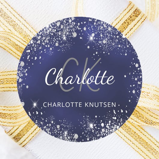 Name des dunkelblauen Glitzer Runder Aufkleber