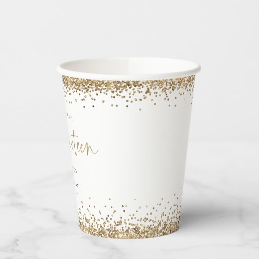 Name des eleganten Gold Glitzer Datum 16 . Geburts Pappbecher (Links)