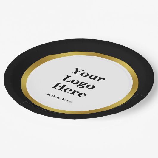 Name des eleganten Schwarz-weiß- und Gold-Firmenlo Pappteller (Schrägansicht)