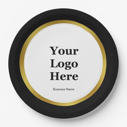 Name des eleganten Schwarz-weiß- und Gold-Firmenlo Pappteller (Vorderseite)