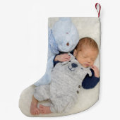 Name des ersten Fotos für Baby Datum Blue Leaf Kleiner Weihnachtsstrumpf (Rückseite)