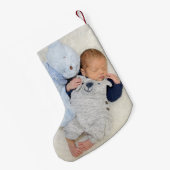 Name des ersten Fotos für Baby Datum Blue Leaf Kleiner Weihnachtsstrumpf (Rückseite (Hängend))