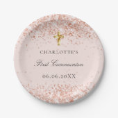 Name des ersten Kommune-Rose-Goldgold-Glitzer Pappteller (Vorderseite)