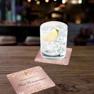 Name des ersten Kommune-Rose-Goldgold-Glitzer Rechteckiger Pappuntersetzer