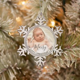 Name des ersten Weihnachtsbaby-Fotoskripts Schneeflocken Zinn-Ornament