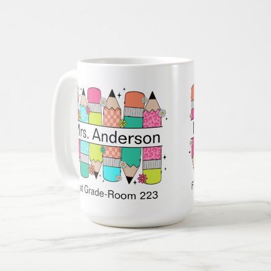 Name des farbenfrohen Bleistift-Lehrers Kaffeetasse (Vorderseite Links)