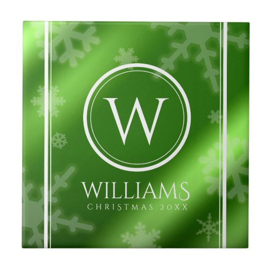 Name des Festivals Green Foil Snowflakes Monogramm Fliese (Vorderseite)