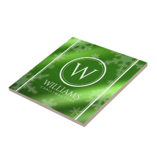 Name des Festivals Green Foil Snowflakes Monogramm Fliese