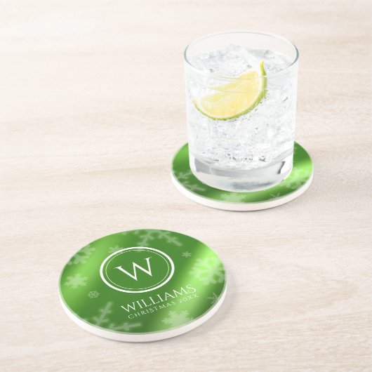 Name des Festivals Green Foil Snowflakes Monogramm Getränkeuntersetzer (Seite)