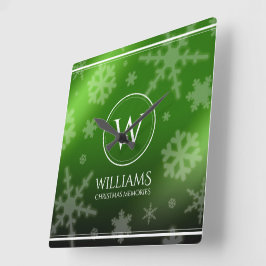 Name des Festivals Green Foil Snowflakes Monogramm Quadratische Wanduhr