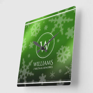 Name des Festivals Green Foil Snowflakes Monogramm Quadratische Wanduhr