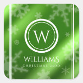 Name des Festivals Green Foil Snowflakes Monogramm Quadratischer Aufkleber (Vorderseite)