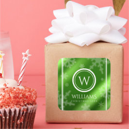 Name des Festivals Green Foil Snowflakes Monogramm Quadratischer Aufkleber