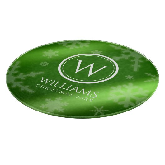 Name des Festivals Green Foil Snowflakes Monogramm Schneidebrett (Ecke)