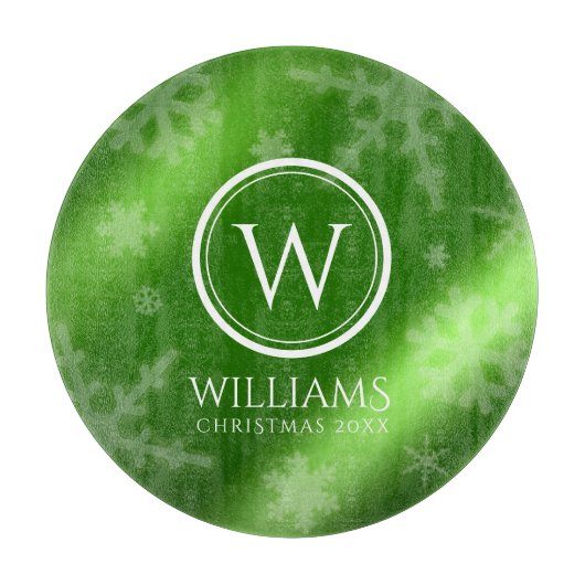 Name des Festivals Green Foil Snowflakes Monogramm Schneidebrett (Vorderseite)