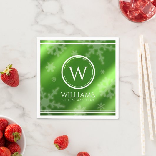 Name des Festivals Green Foil Snowflakes Monogramm Serviette (Beispiel)