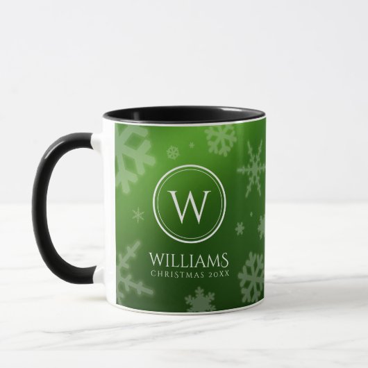 Name des Festivals Green Foil Snowflakes Monogramm Tasse (Links)