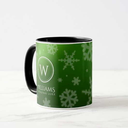 Name des Festivals Green Foil Snowflakes Monogramm Tasse (Vorderseite Links)