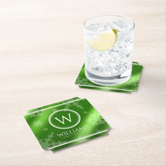 Name des Festivals Green Foil Snowflakes Monogramm Untersetzer (Vor Ort)