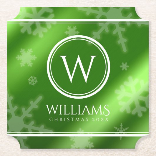 Name des Festivals Green Foil Snowflakes Monogramm Untersetzer (Vorderseite)