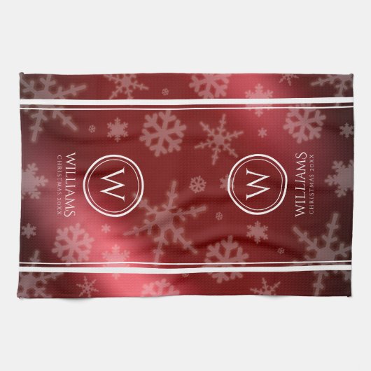 Name des Festivals Red Foil Snowflakes Monogramm Geschirrtuch (Horizontal)