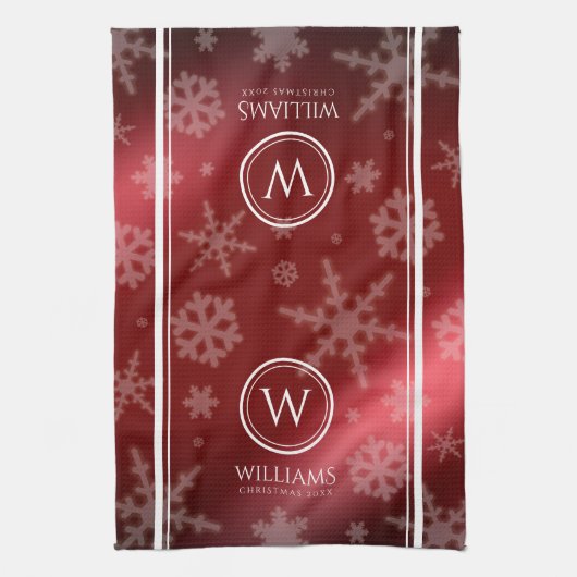 Name des Festivals Red Foil Snowflakes Monogramm Geschirrtuch (Vertikal)