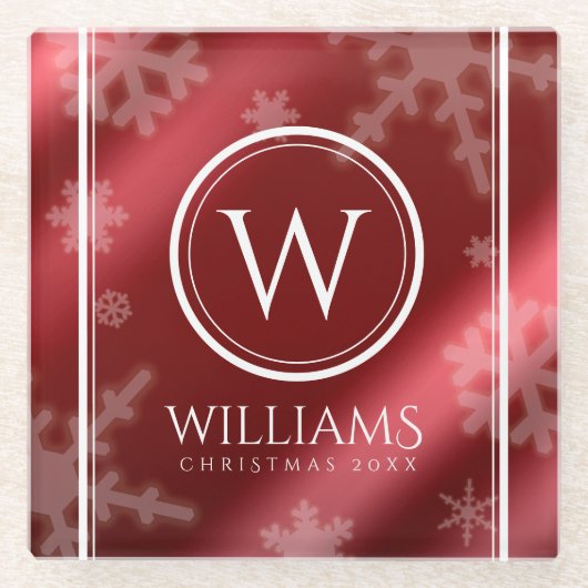 Name des Festivals Red Foil Snowflakes Monogramm Glasuntersetzer (Vorderseite)