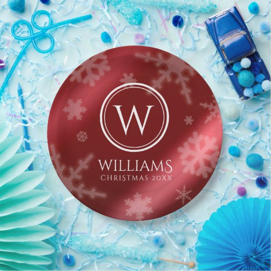 Name des Festivals Red Foil Snowflakes Monogramm Pappteller (Party)