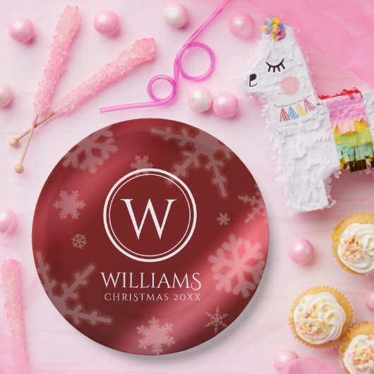 Name des Festivals Red Foil Snowflakes Monogramm Pappteller (Party)