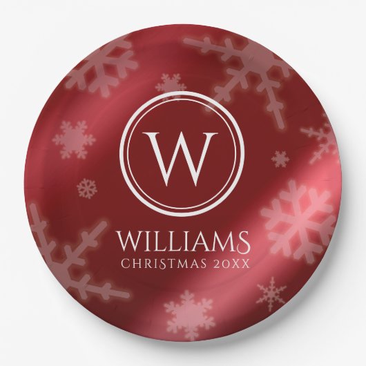 Name des Festivals Red Foil Snowflakes Monogramm Pappteller (Vorderseite)