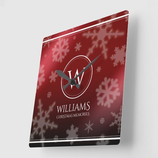 Name des Festivals Red Foil Snowflakes Monogramm Quadratische Wanduhr (Winkel)