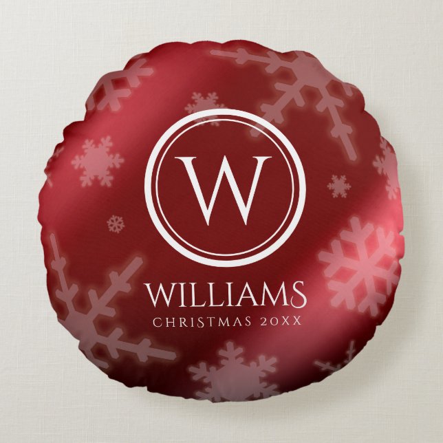 Name des Festivals Red Foil Snowflakes Monogramm Rundes Kissen (Vorderseite)