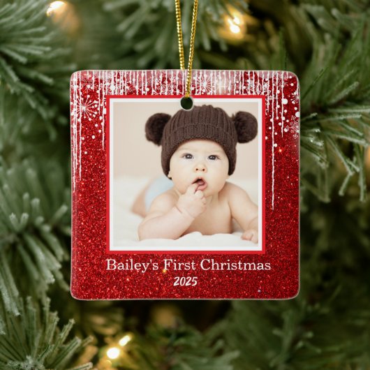 Name des Fotos "Baby First Christmas" Keramikornament (Baum)