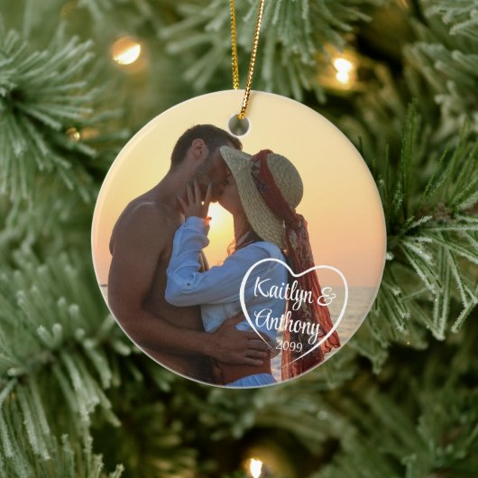 Name des Fotos "Couple Liebe Heart" Keramik Ornament (Baum)