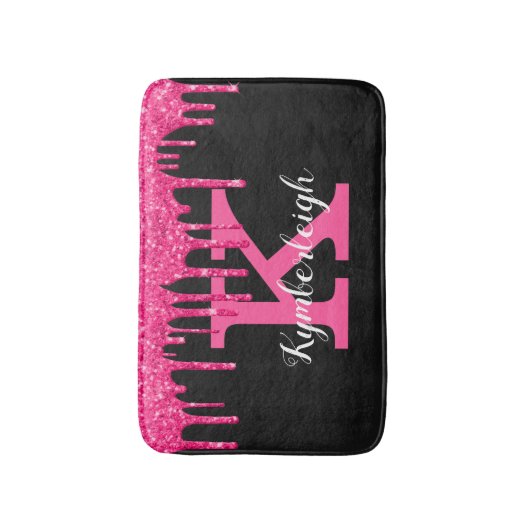 Name des Girl Black Hot Pink Glitzer Tropfen Monog Badematte (Vorderseite Vertikal)