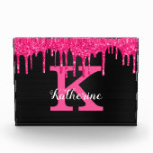 Name des Girl Black Hot Pink Glitzer Tropfen Monog Fotoblock (Vorderseite)