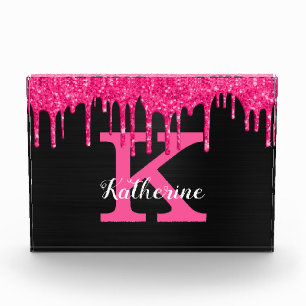 Name des Girl Black Hot Pink Glitzer Tropfen Monog Fotoblock