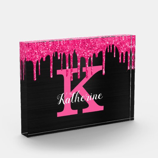 Name des Girl Black Hot Pink Glitzer Tropfen Monog Fotoblock (Links)