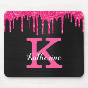 Name des Girl Black Hot Pink Glitzer Tropfen Monog Mousepad