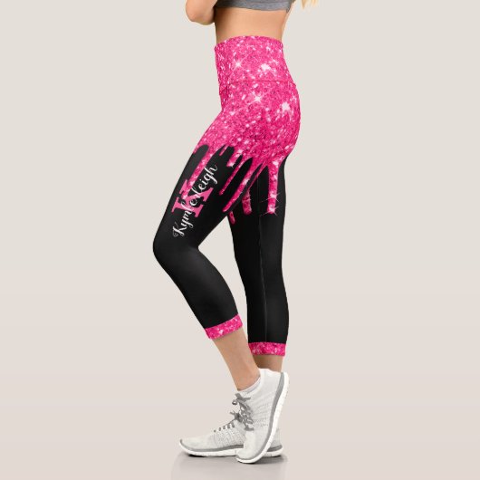 Name des Girl Black Hot Pink-Glitzer-Tropfens Mono Capri Leggings (Links)