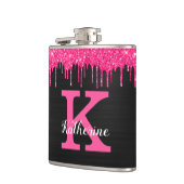Name des Girl Black Hot Pink-Glitzer-Tropfens Mono Flachmann (Links)