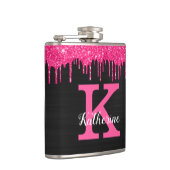 Name des Girl Black Hot Pink-Glitzer-Tropfens Mono Flachmann (Rechts)