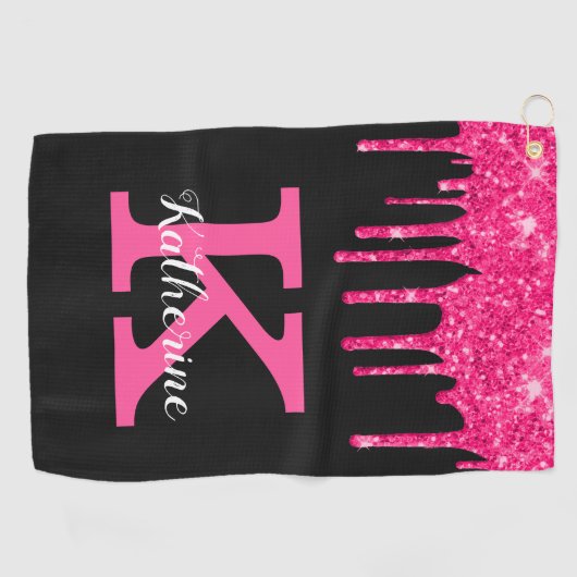 Name des Girl Black Hot Pink-Glitzer-Tropfens Mono Golfhandtuch (Horizontal)