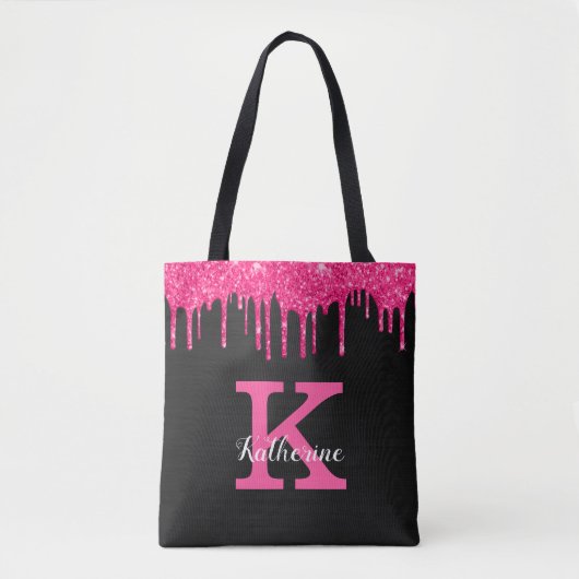 Name des Girl Black Hot Pink-Glitzer-Tropfens Mono Tasche (Vorderseite)