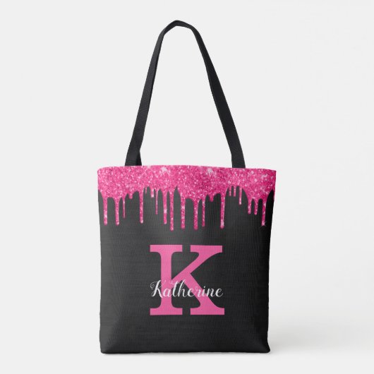 Name des Girl Black Hot Pink-Glitzer-Tropfens Mono Tasche (Rückseite)
